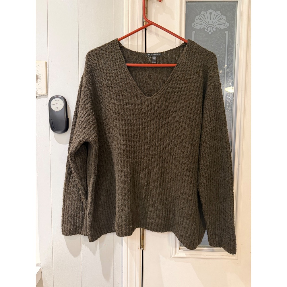 Eileen Fisher Organic Cotton Cashmere V-Neck Ribbed Sweater Olive Green Large